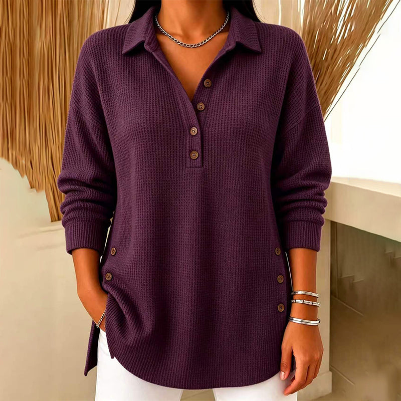 Haut femme en maille gaufrée à col polo et boutons