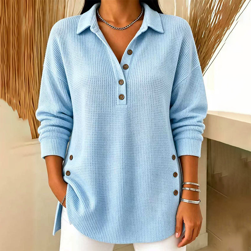 Haut femme en maille gaufrée à col polo et boutons