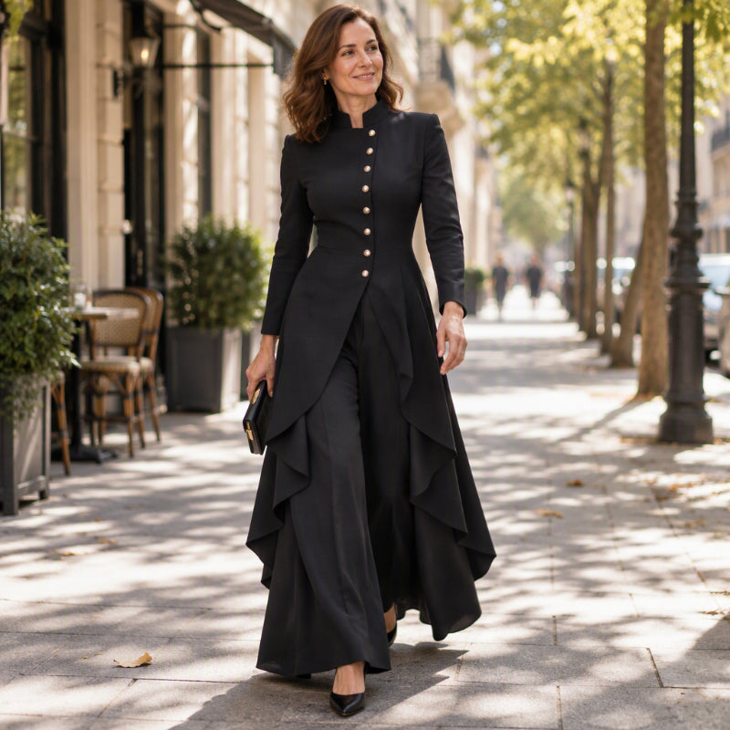 Ensemble tailleur femme avec tunique asymétrique et pantalon large