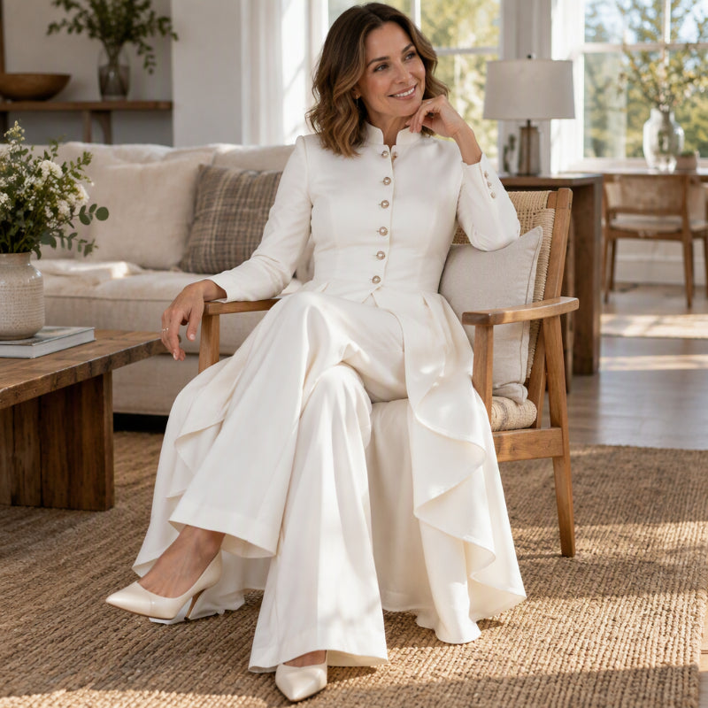 Ensemble tailleur femme avec tunique asymétrique et pantalon large