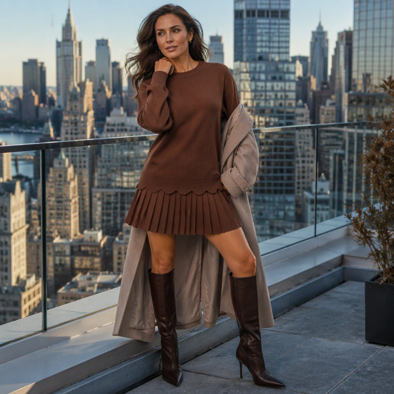 Ensemble femme en maille avec pull festonné et jupe plissée
