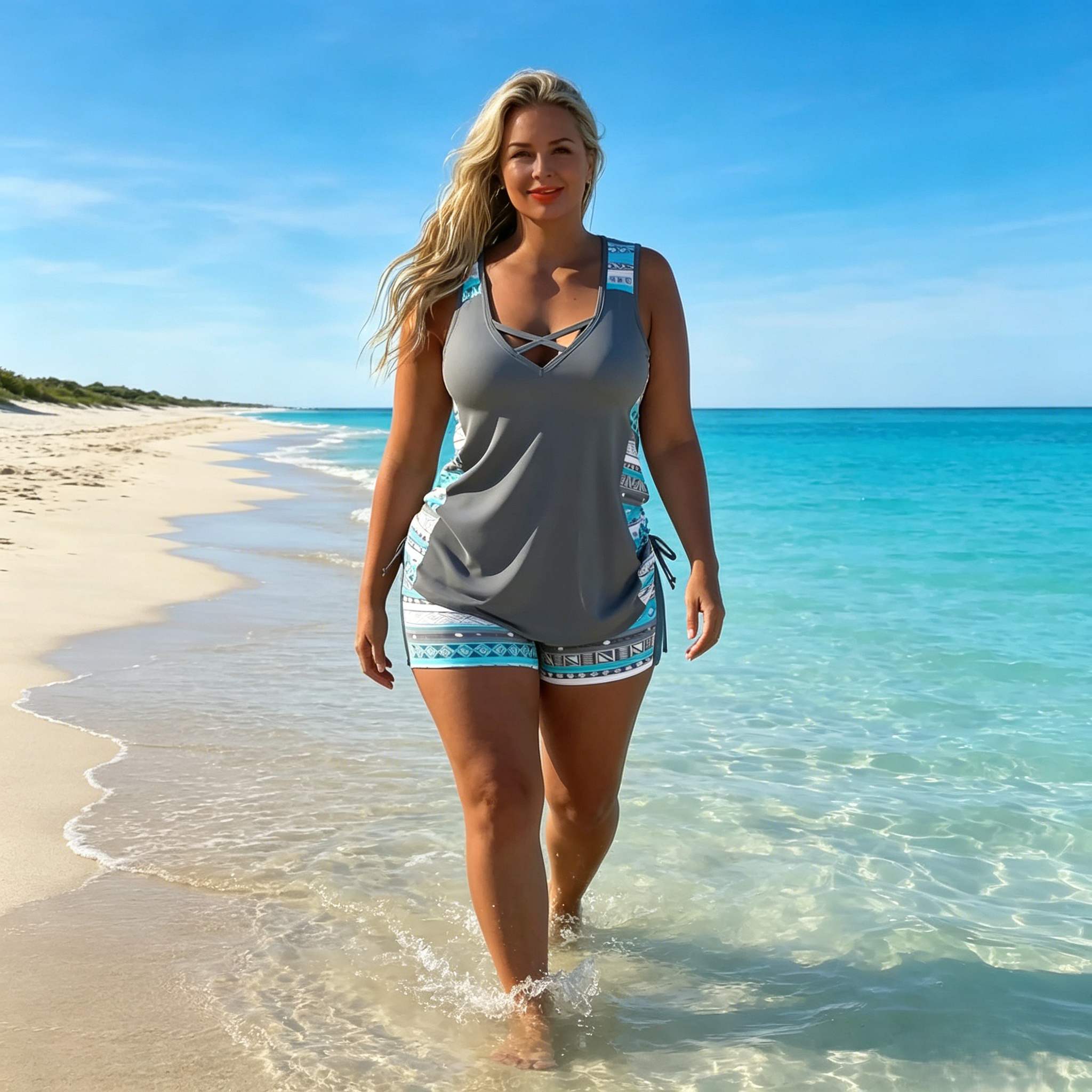 Tankini Femme Deux Pièces Col V Imprimé Géométrique