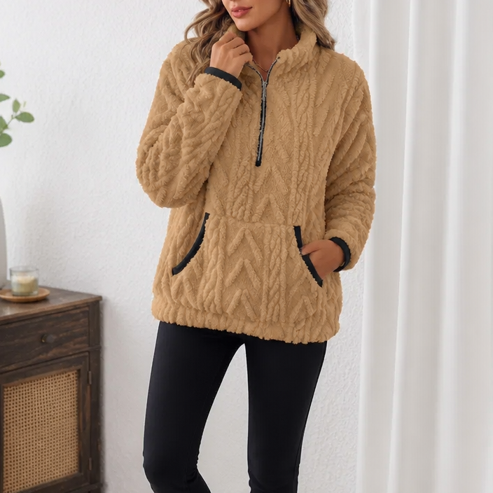 Pull polaire femme demi-zip avec poche kangourou