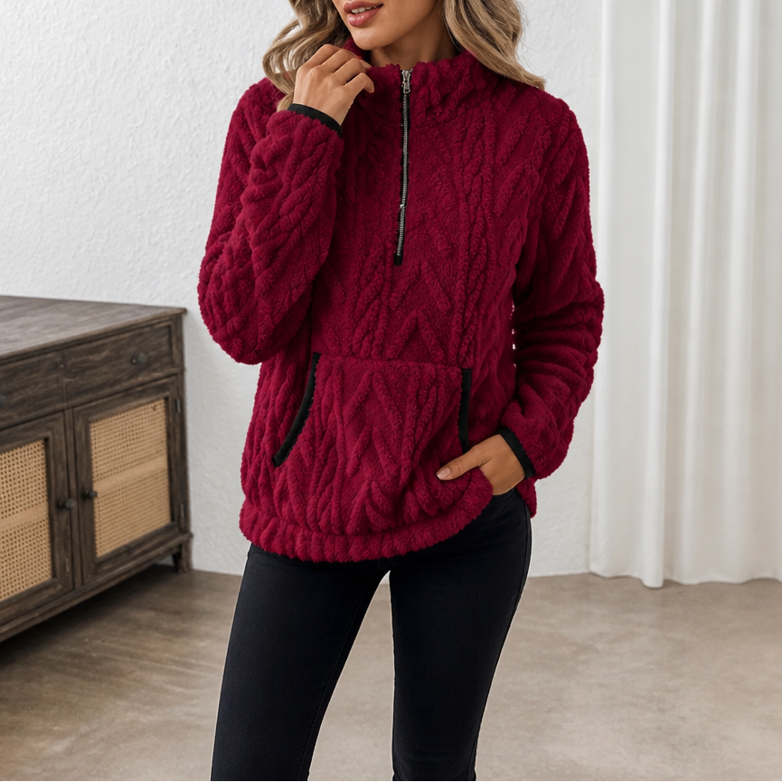 Pull polaire femme demi-zip avec poche kangourou