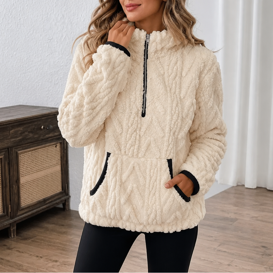 Pull polaire femme demi-zip avec poche kangourou