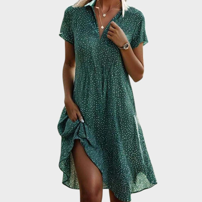 Robe femme midi fluide à pois col V manches courtes élégante été