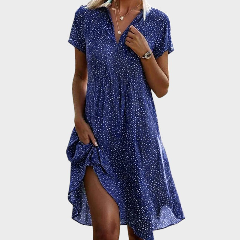 Robe femme midi fluide à pois col V manches courtes élégante été