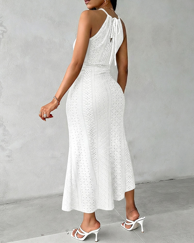 Robe Midi Femme Jacquard Ajouré Halter avec Fente Chic