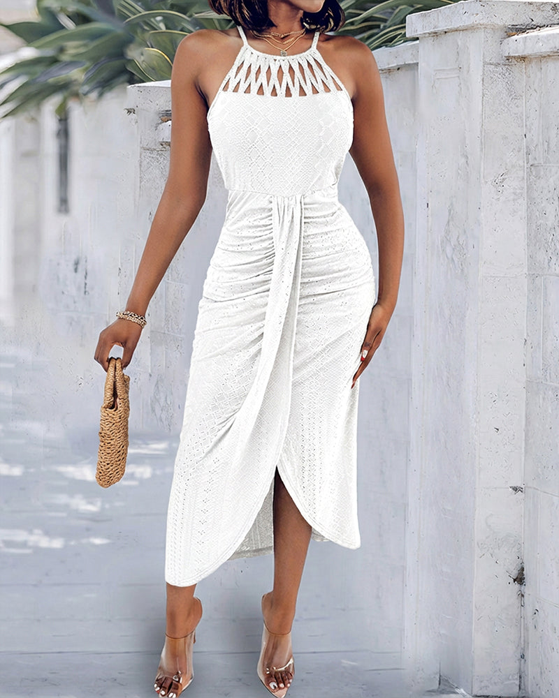 Robe Midi Femme Jacquard Ajouré Halter avec Fente Chic