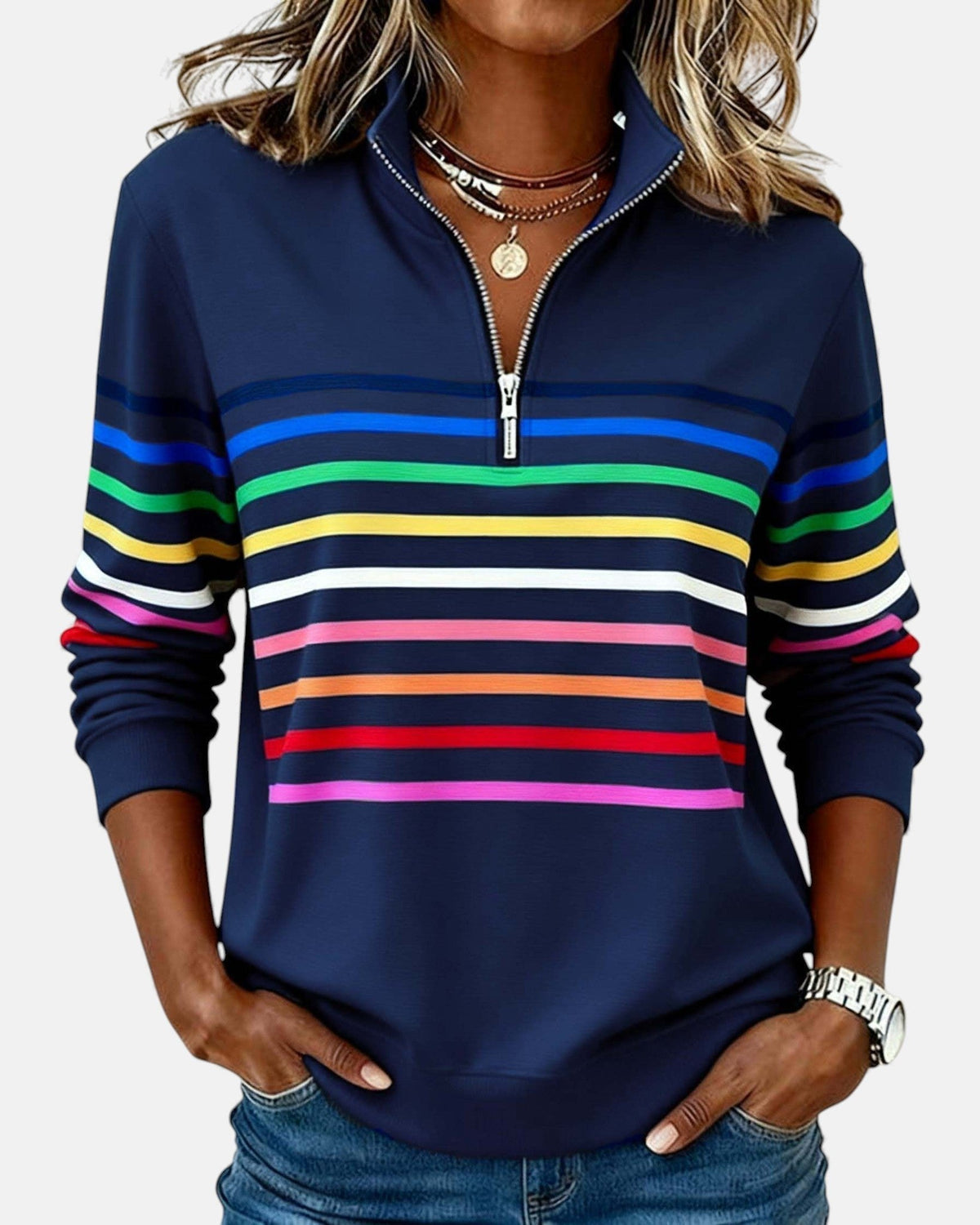 Sweat-shirt femme rayé à demi-zip coupe ample