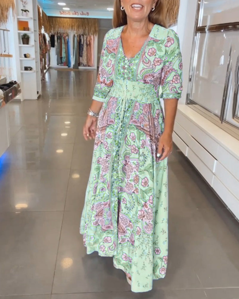 Robe maxi femme imprimée avec col V et taille ajustable