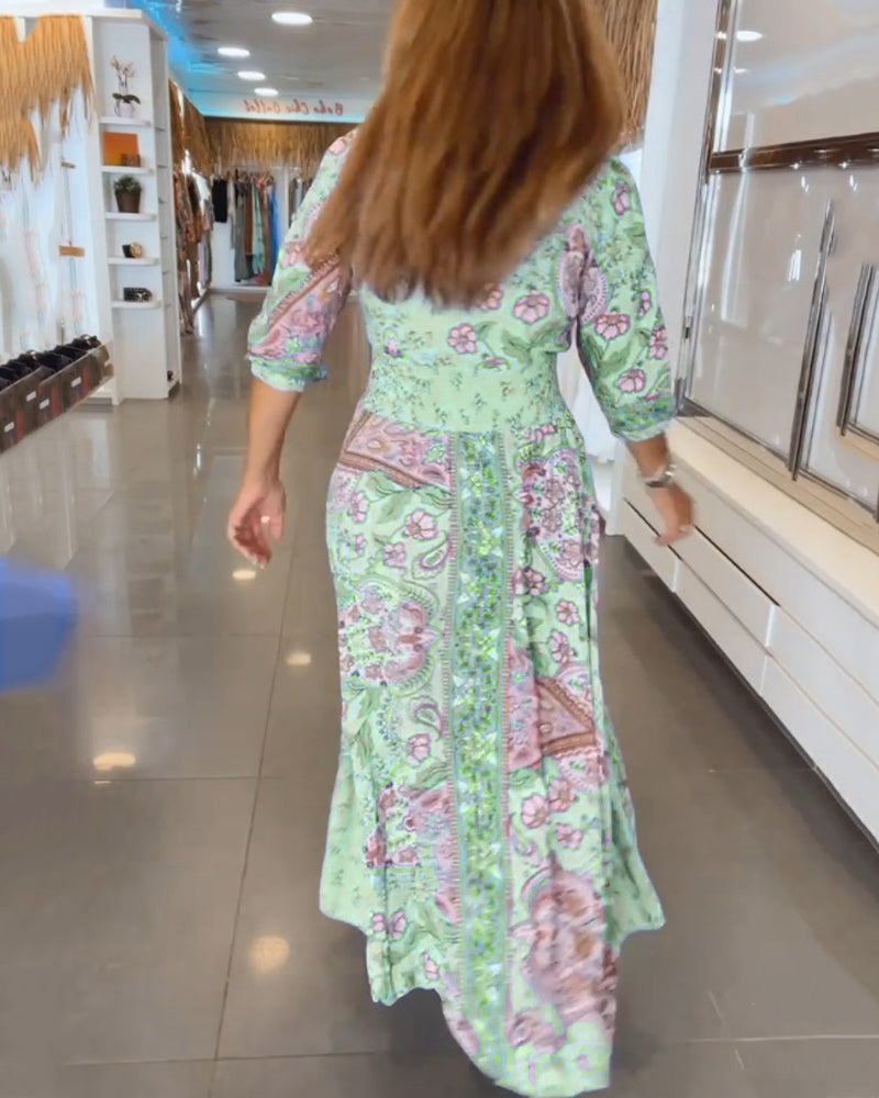 Robe maxi femme imprimée avec col V et taille ajustable