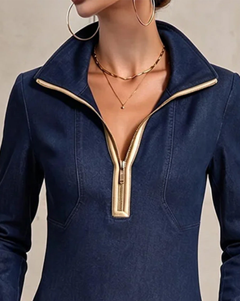 Robe courte femme en denim à col zippé et œillets