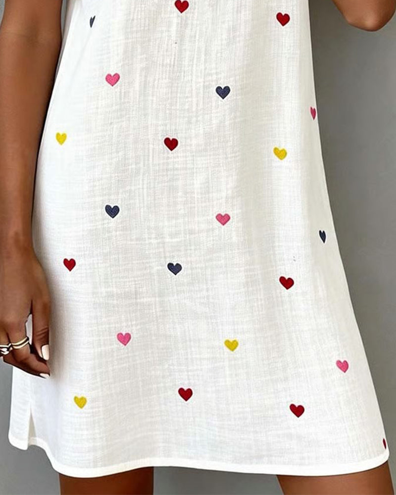 Robe Courte Femme Col V Imprimé Cœurs Coton Lin Manches Bouffantes