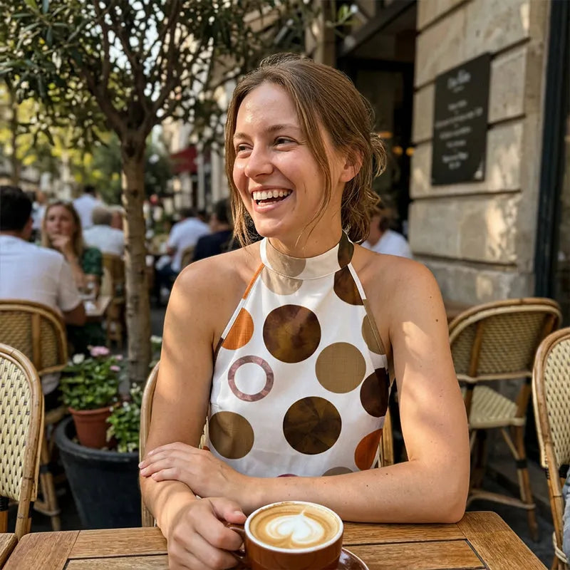 Robe courte femme à pois graphiques et col halter