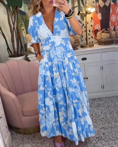 Robe Longue Femme Fluide Imprimée Col V avec Poches pour Style Élégant et Confort Estival