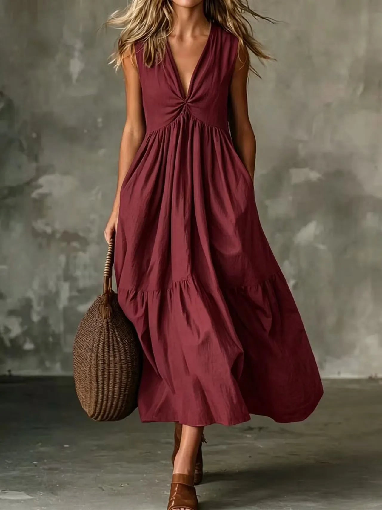 Robe midi femme sans manches à col V avec poches
