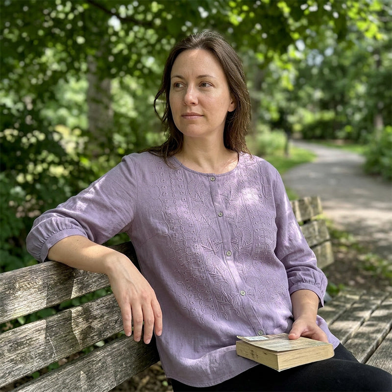 Blouse femme en coton et lin brodée à manches 3/4