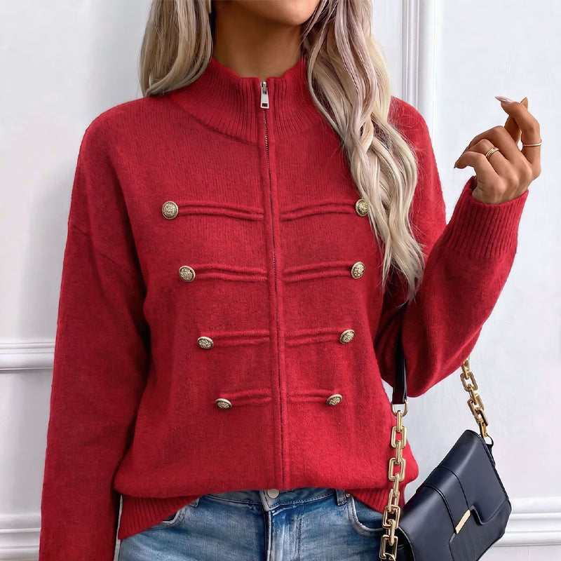 Gilet en maille femme à col montant et boutons décoratifs