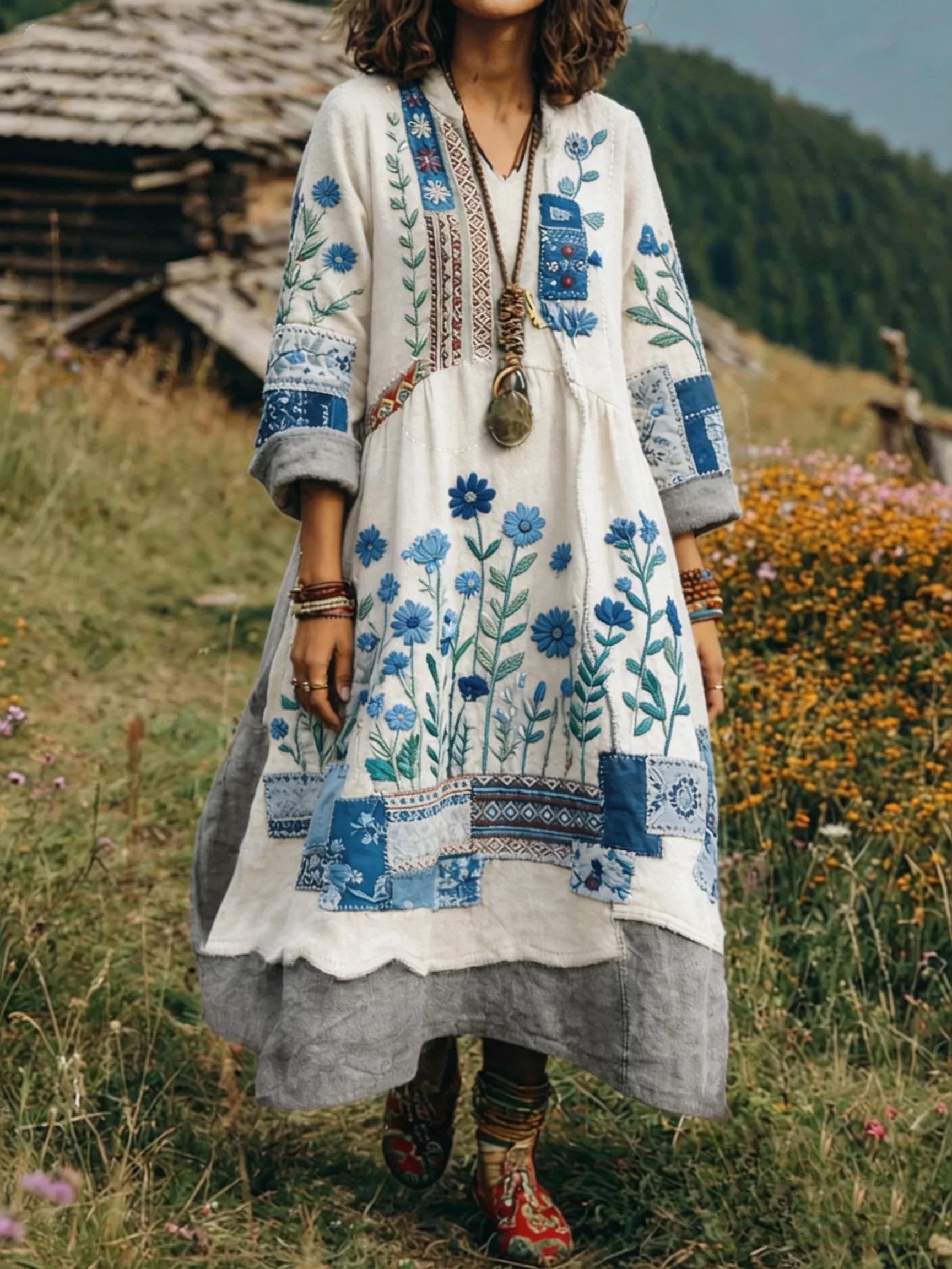 Robe Femme Bohème Patchwork Brodée Coupe Fluide Style Ethnique