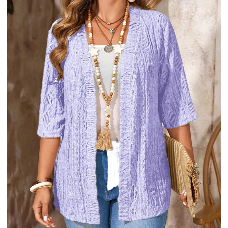 Cardigan femme ajouré ouvert à manches 3/4