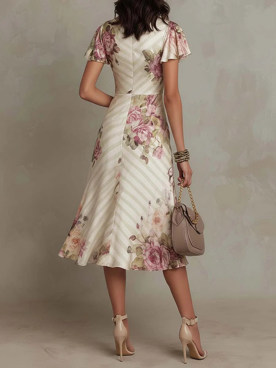 Robe Femme Midi Satin Floral Coupe Cache-Cœur Élégante Rétro