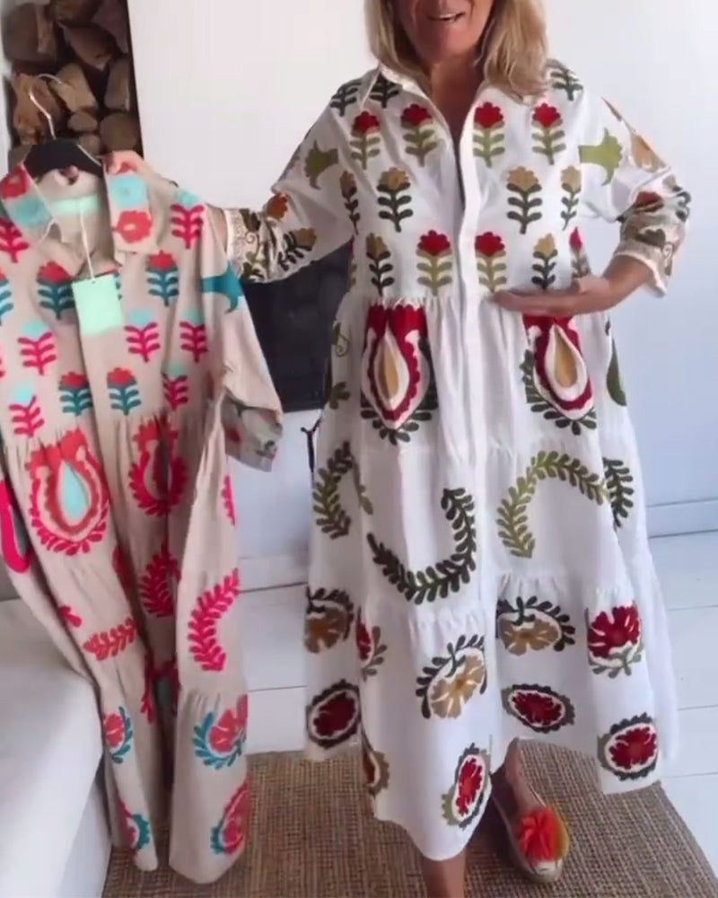 Robe Midi Ample à Motif Floral Stylisé