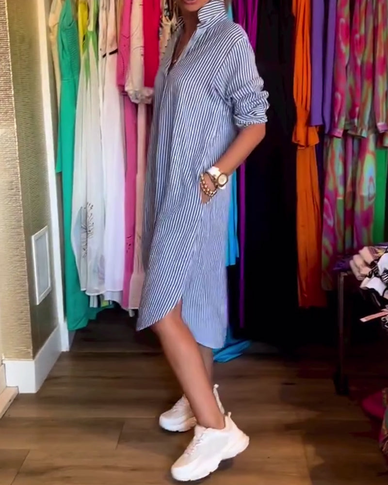 Robe femme chemise rayée fluide col revers manches longues élégante casual