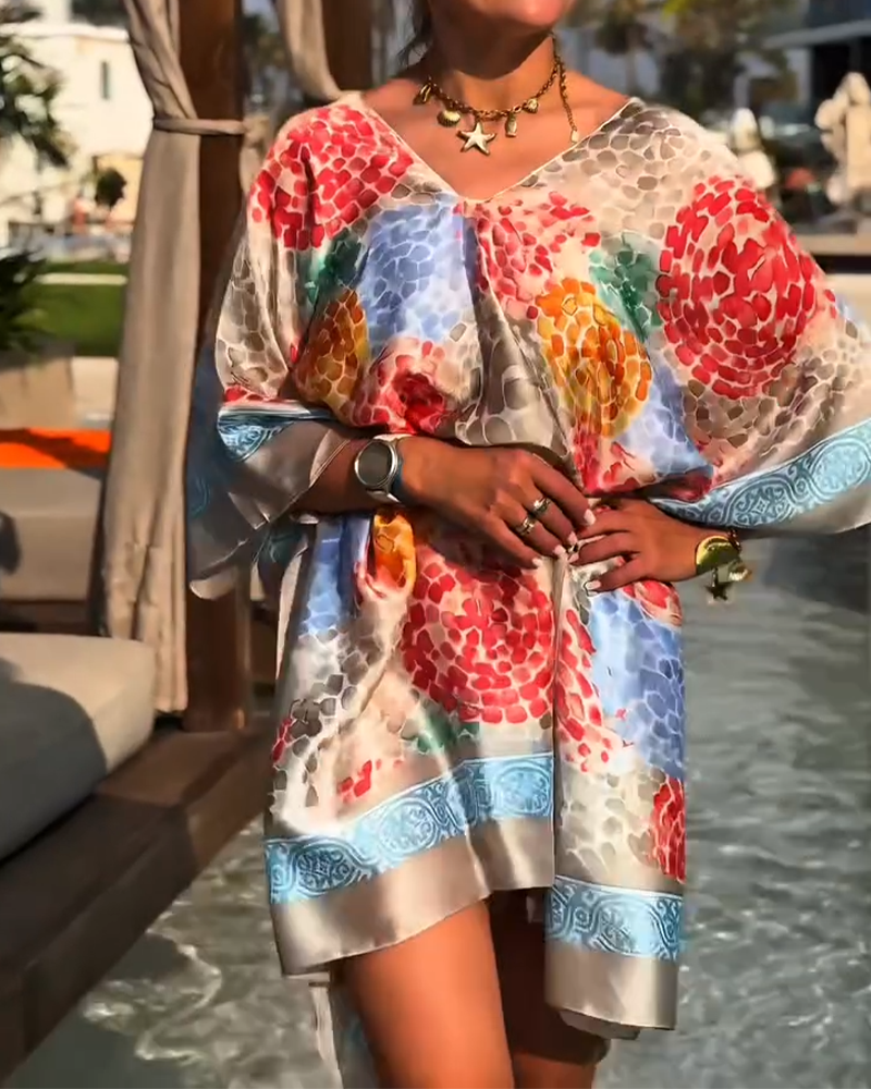 Robe de plage femme imprimée avec manches chauve-souris fluides