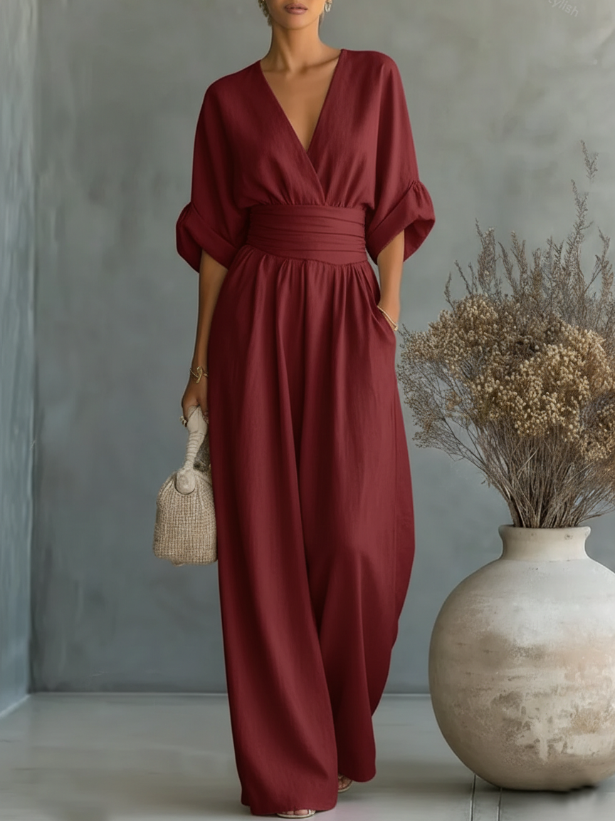 Combinaison Femme Fluide Col V Taille Marquée Élégante