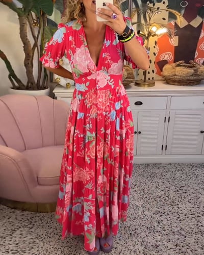 Robe Longue Femme Fluide Imprimée Col V avec Poches pour Style Élégant et Confort Estival