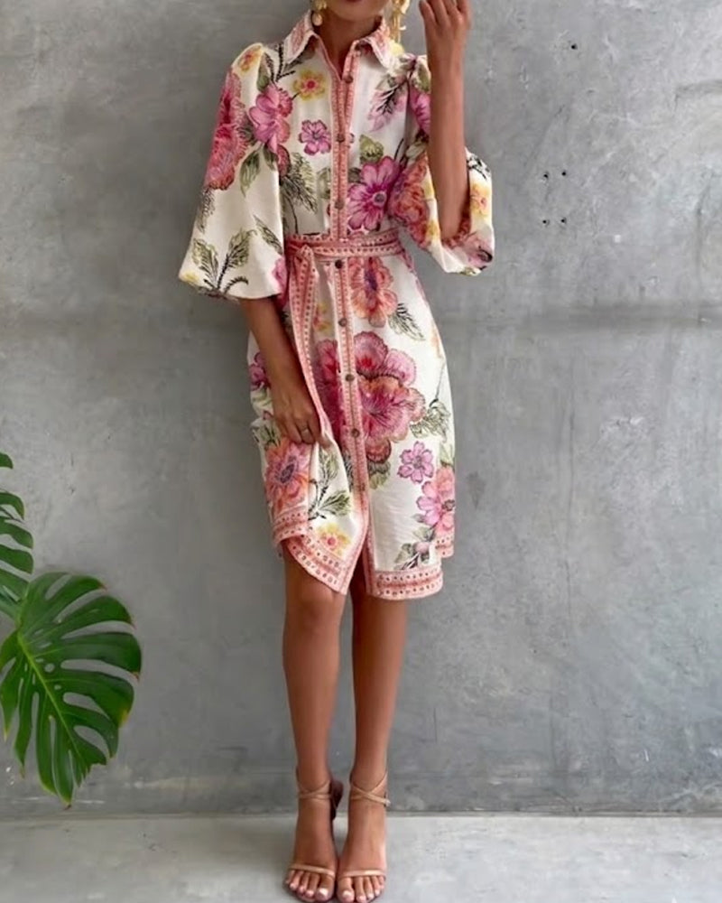Robe Fleurie Élégante Femme à Manches Lanternes et Boutons