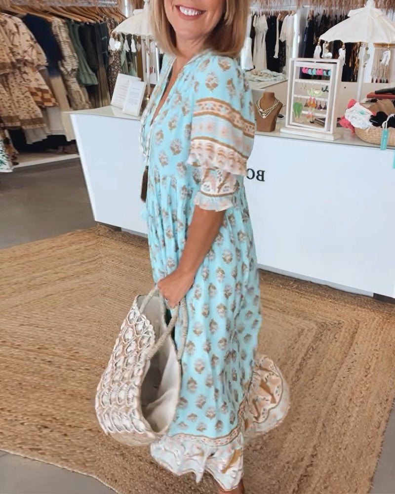 Robe femme midi fluide imprimée col V manches lanterne ample décontractée