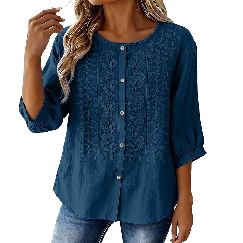 Blouse femme en coton et lin brodée à manches 3/4