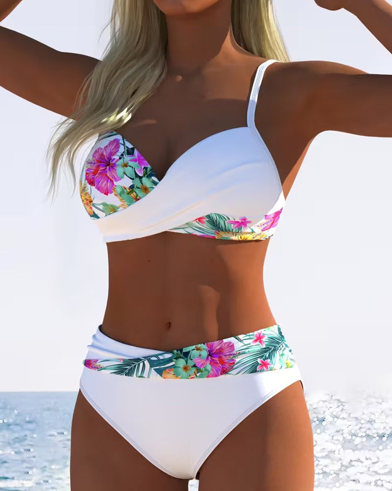Bikini Femme Floral Contrasté à Bretelles Fines Élégantes