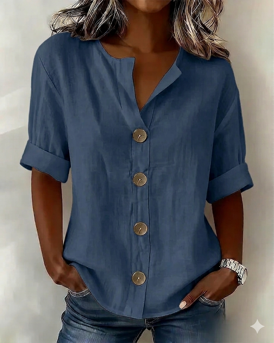 Blouse Femme Coton Ample Manches Courtes Boutonnée Coupe Décontractée