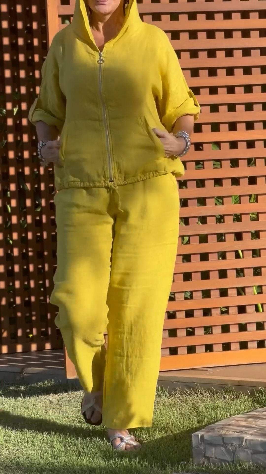 Ensemble Femme Coton Lin Capuche Zippée Coupe Ample Été