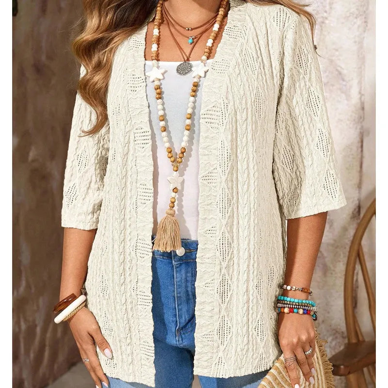 Cardigan femme ajouré ouvert à manches 3/4