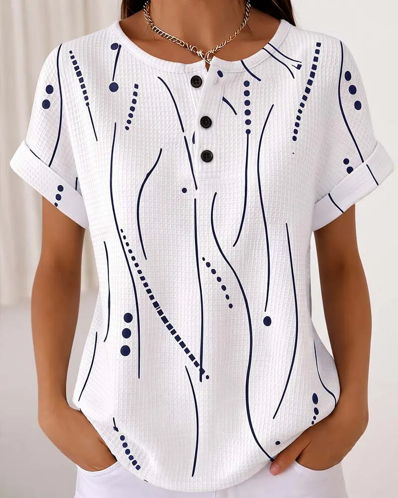 T-shirt femme imprimé à manches courtes avec boutons