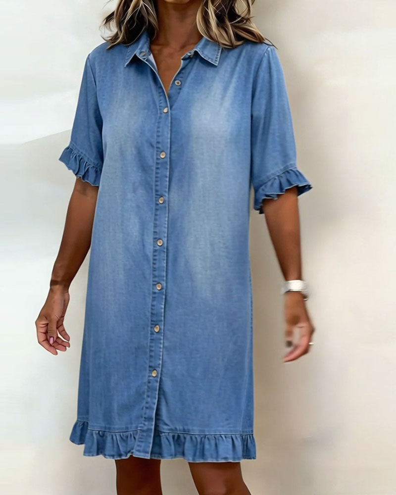 Robe femme en denim confortable avec boutons et détails volantés