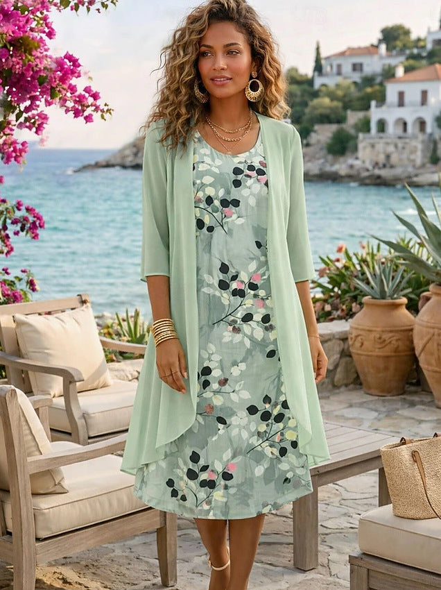 Ensemble femme robe florale avec cardigan léger assorti