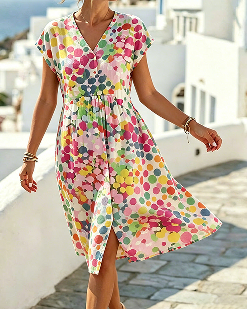 Robe féminine à pois colorés et décolleté en V fluide