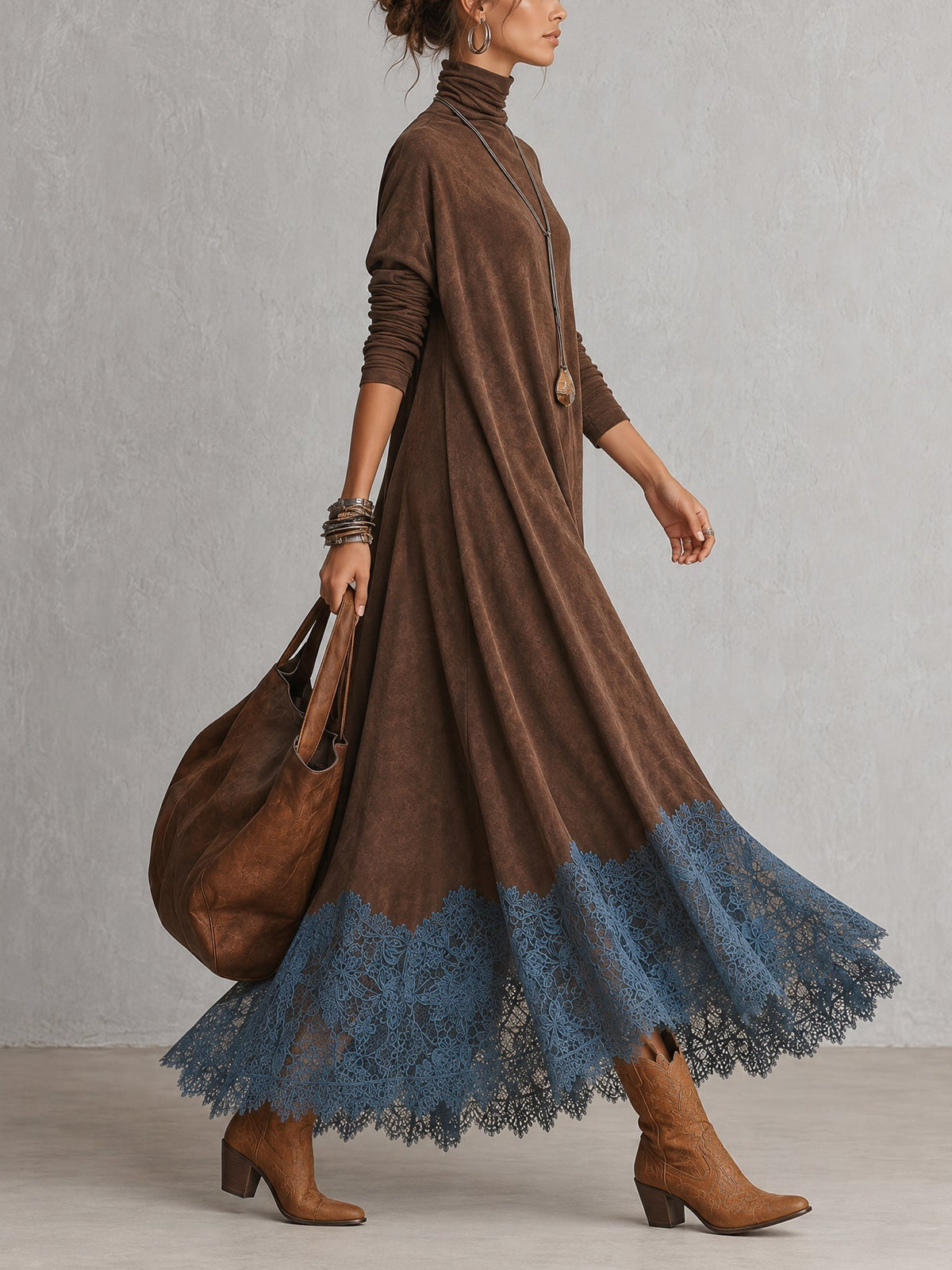 Robe longue femme effet suédé avec dentelle