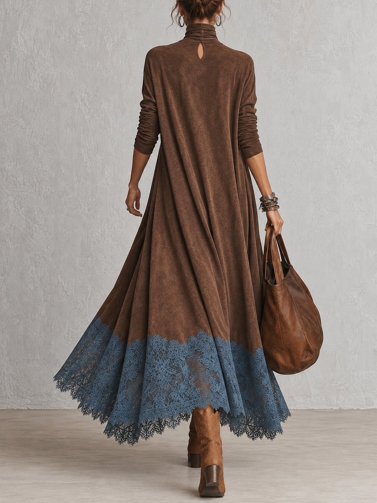 Robe longue femme effet suédé avec dentelle