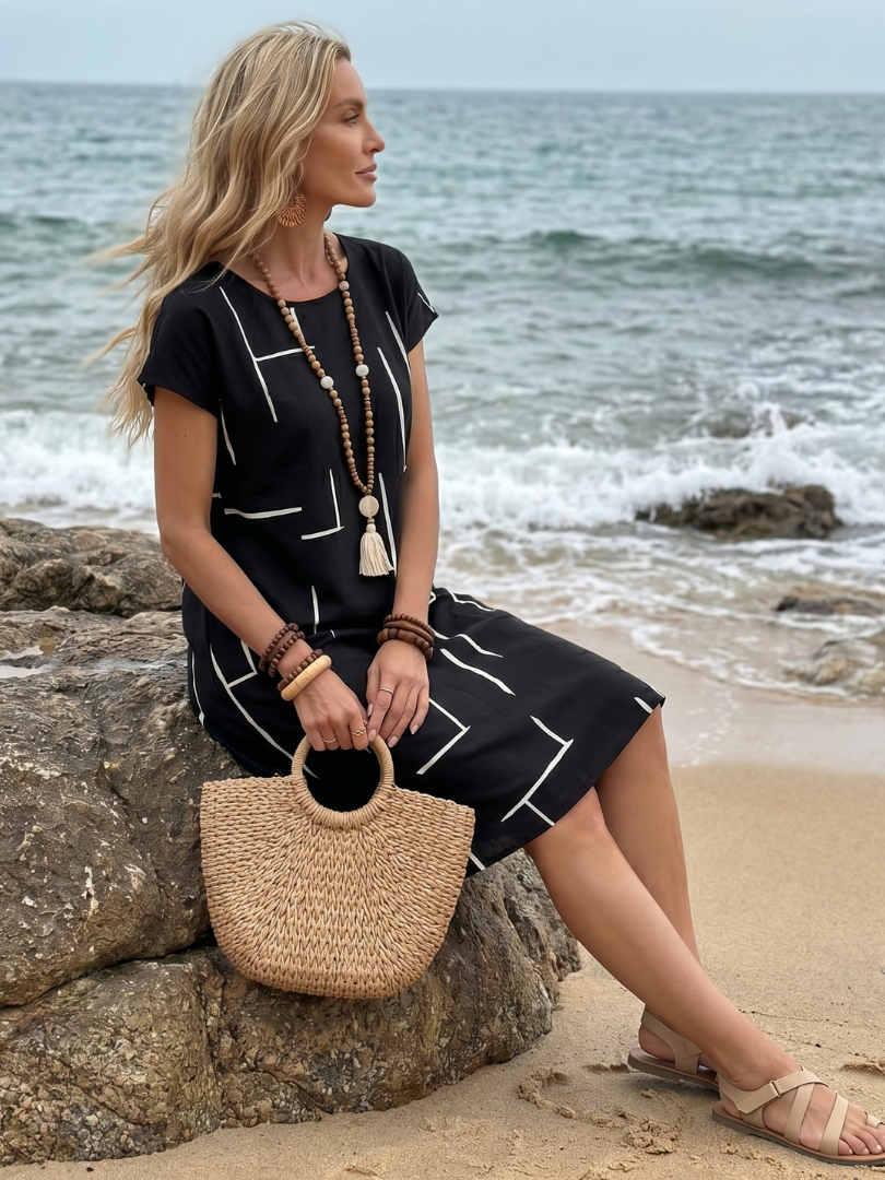 Robe Midi Femme Coton Lin Imprimé Géométrique Manches Courtes Décontractée