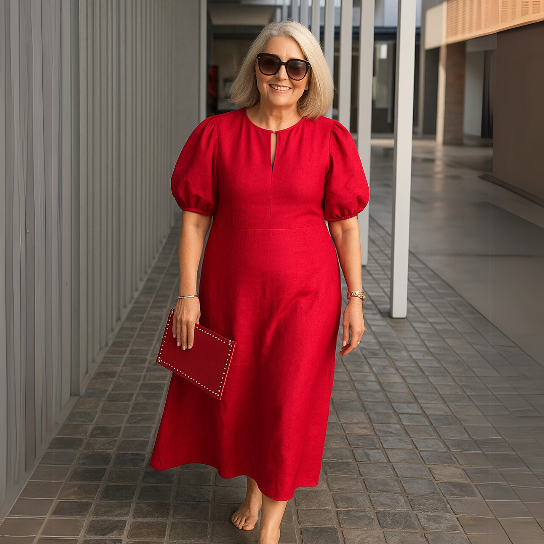 Robe Femme Midi Élégante Col V Manches Bouffantes Fluide Chic