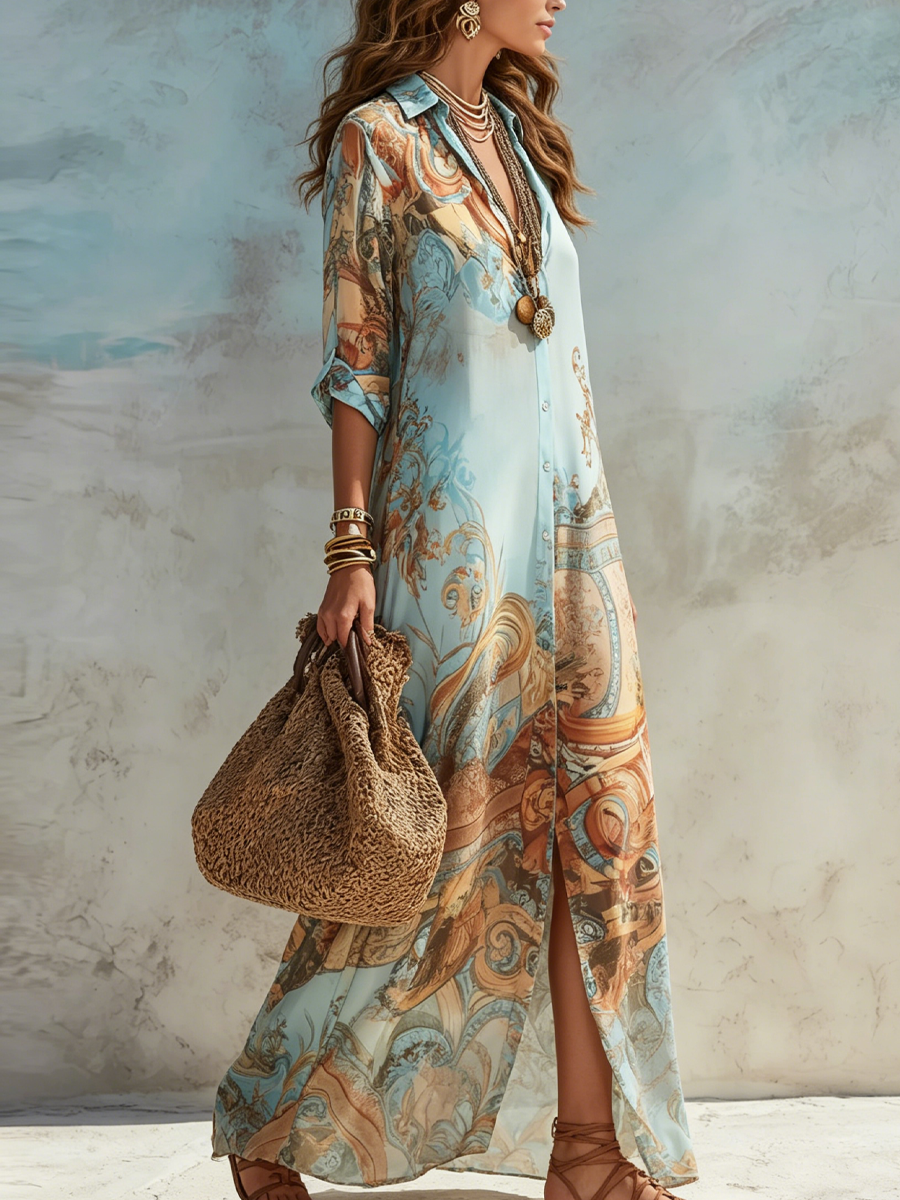 Robe chemise longue femme à imprimé artistique fluide