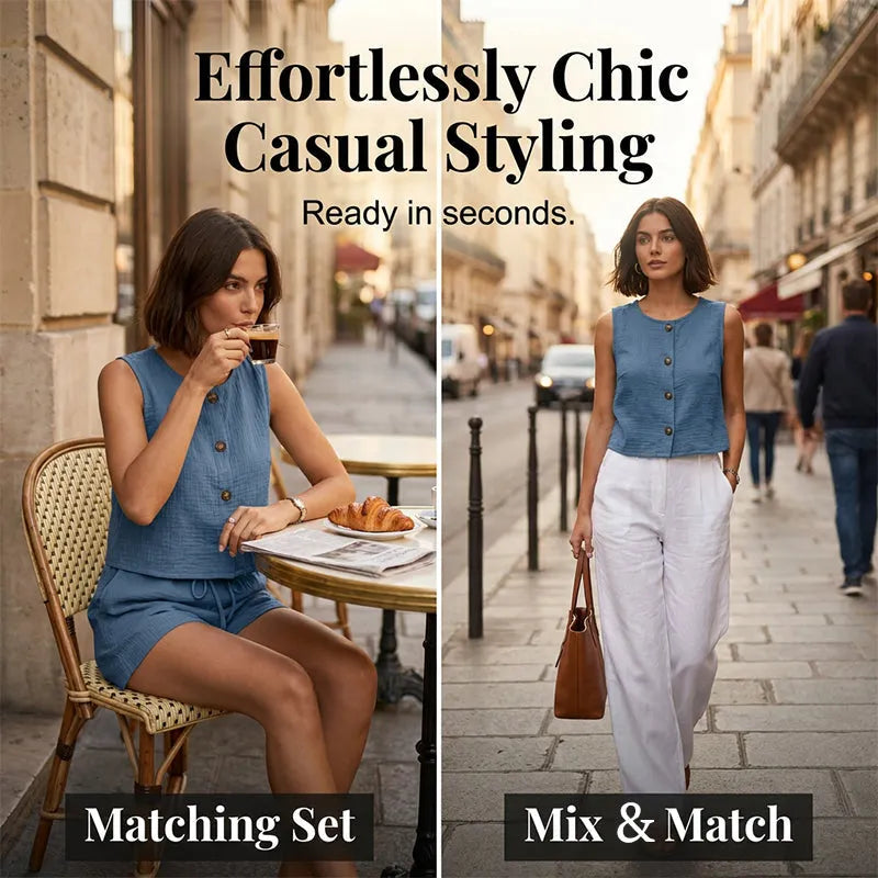 Ensemble femme estival avec top sans manches à boutons et short ajustable