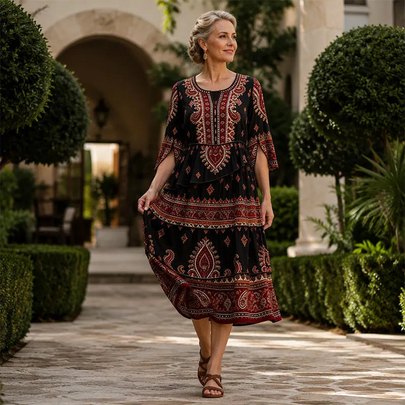 Robe bohème femme à volants et imprimé ethnique