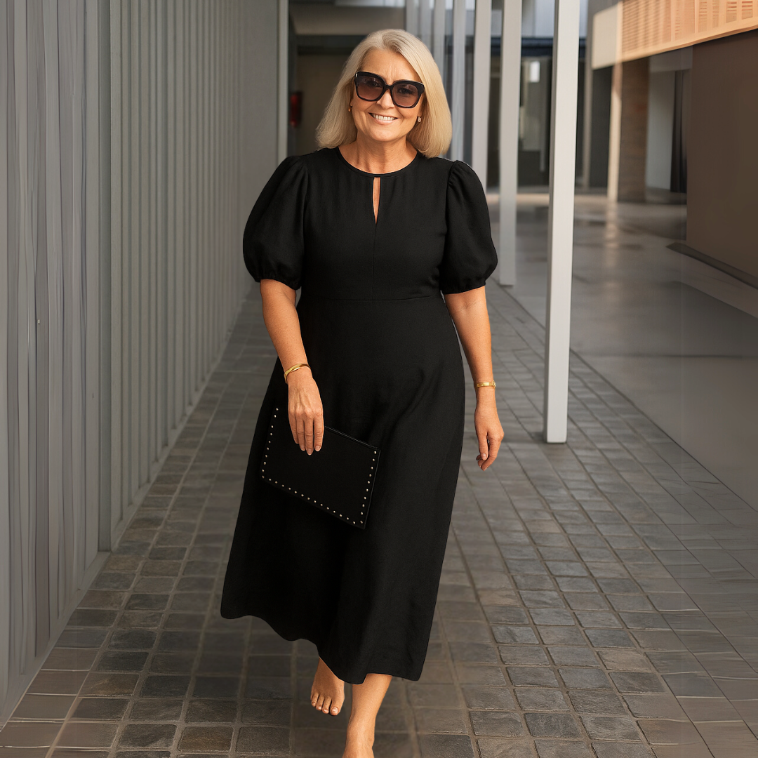 Robe Femme Midi Élégante Col V Manches Bouffantes Fluide Chic